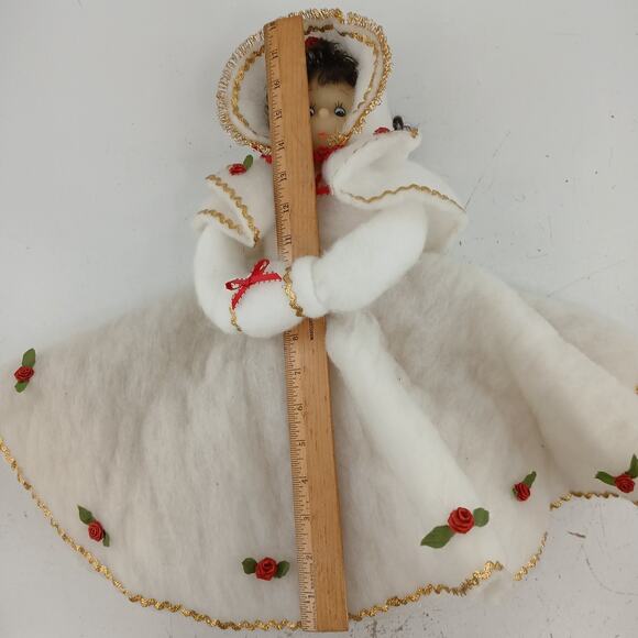 Vintage Mitzi Head Bottle Doll 18" White Winter Cape Red Roses Homemade Decor - Picture 9 of 12